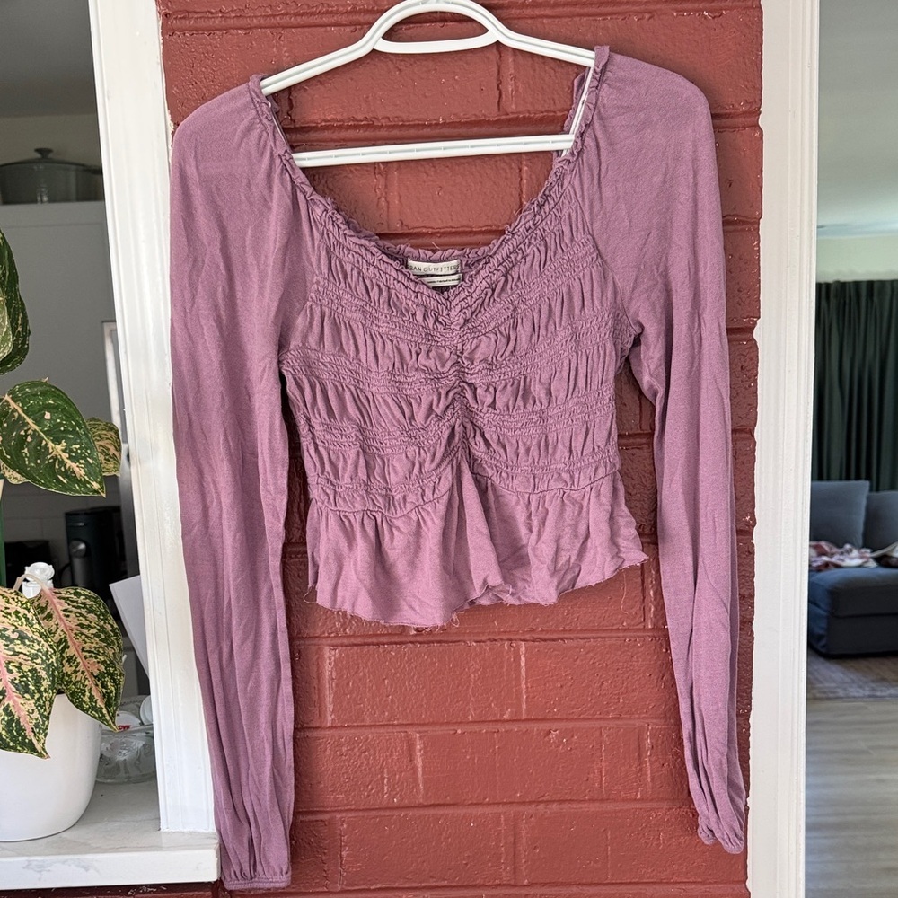 Urban Outfitters Purple Ruched V-Neck Long Sleeve Top Small